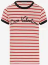 Valentino Women Ivory Striped Jersey Embroidered T-shirt In Red