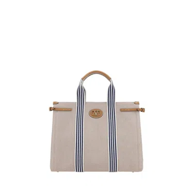 Valentino Garavani Cotton Tote Bag In Naturale/tobacco/bianco/blue/natural Cam