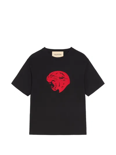 Valentino Cotton T-shirt With Panther Print In Black