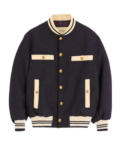 Valentino Cotton Tweed Bomber Jacket In Blue