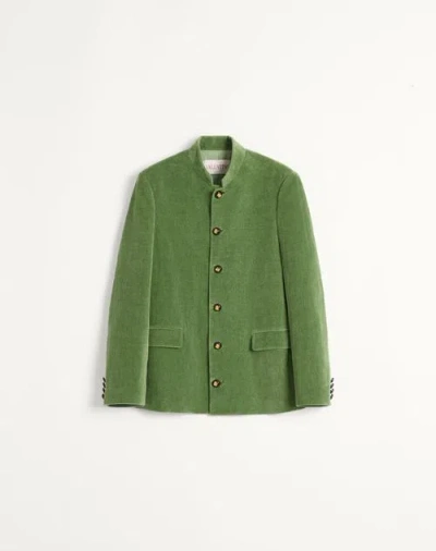 Valentino Cotton Velvet And Washed Linen Jacket With Mandarin Collar In Laurel