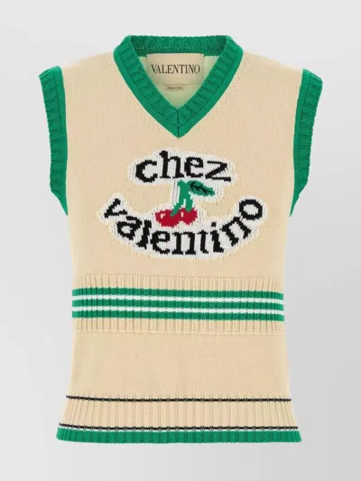 Valentino Cotton Vest With Ribbed Trim And Striped Pattern In Brown