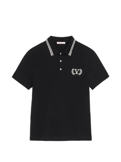 Valentino Cotton-pique Polo Shirt With Maison Embroidery In Black