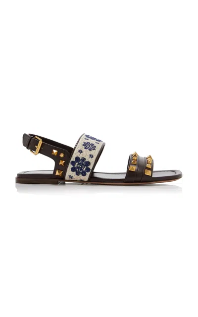 Valentino Garavani County Rockstud Floral-embroidered Leather Sandals In Brown