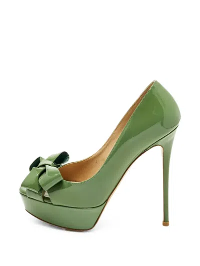 Pre-owned Valentino Garavani Couture Bow Peep-toe Platform Pumps In Green