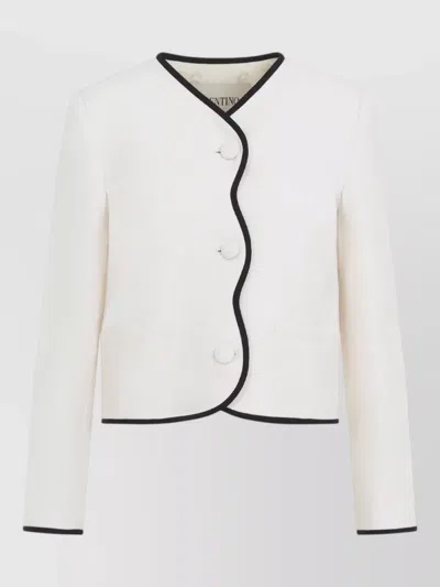 Valentino Couture Crepe Jacket Contrast Trim Scalloped In White