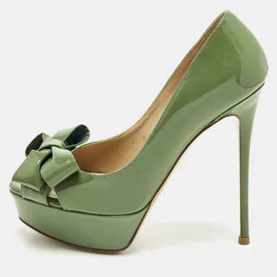 Pre-owned Valentino Garavani Couture Size 36.5 Green Patent Leather Bow Peep Toe Platform Pumps