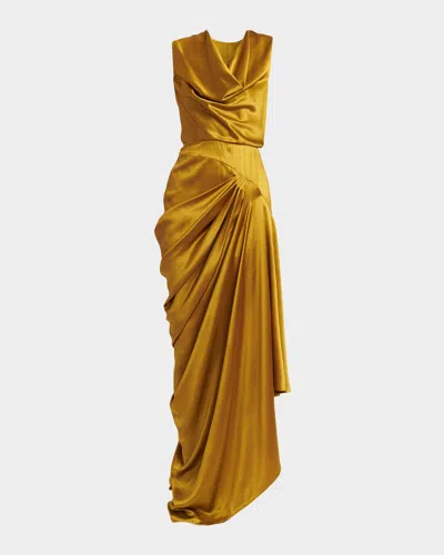 Valentino Cowl-neck Sleeveless Draped Silk Maxi Dress In Gold