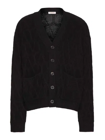 Valentino Textured Wool Cardigan With Embroidered Motif In Navy