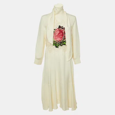 Pre-owned Valentino Cream Crepe Rose Embroidered Midi Dress L In White