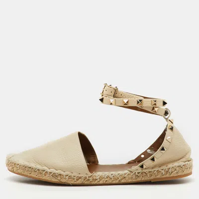 Pre-owned Valentino Garavani Cream Leather Rockstud Ankle Strap Espadrille Flats Size 39