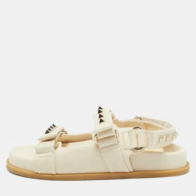 Pre-owned Valentino Garavani Cream Leather Rockstud Flat Sandals Size 36.5