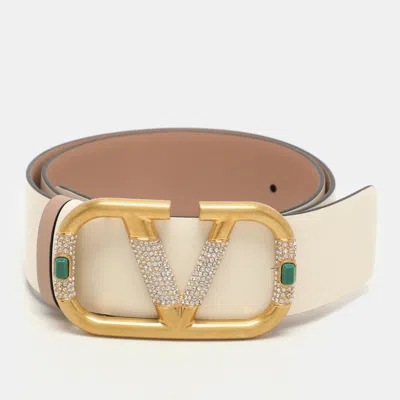 Pre-owned Valentino Garavani Cream Leather Vlogo Crystal Embellished Buckle Belt 70cm