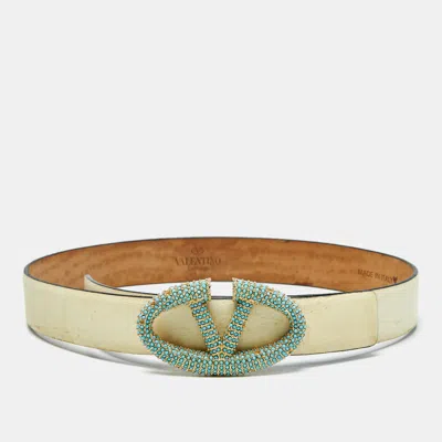 Pre-owned Valentino Garavani Cream Leather Vlogo Crystals Embellished Belt 65cm In Beige