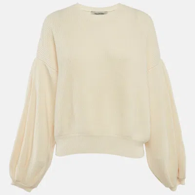 Pre-owned Valentino Cream Rib Knit Crewneck Sweater M In White