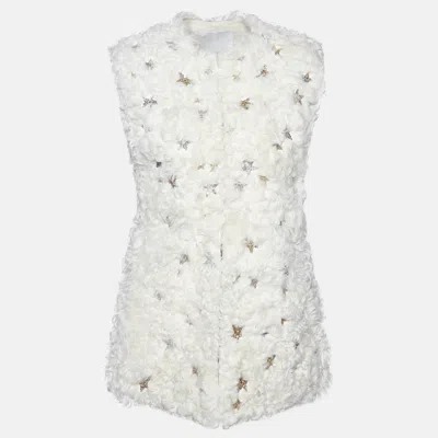 Pre-owned Valentino Cream Star Sequined Lamb Fur Gillet S