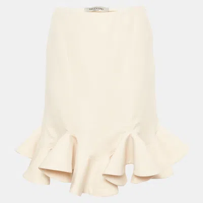 Pre-owned Valentino Cream Wool And Silk Blend Crepe Flounce Hem Skirt S In White
