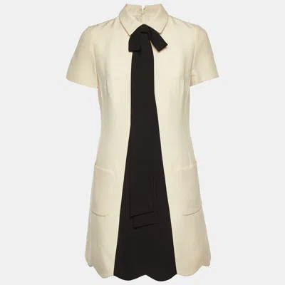 Pre-owned Valentino Cream Wool & Silk Bow Detail Mini Dress M In White