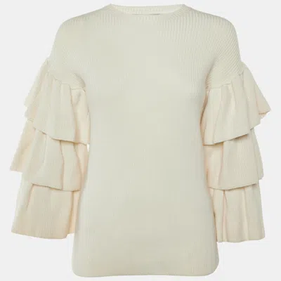 Pre-owned Valentino Cream Wool Knit Ruffle Sleeve Jumper S In White