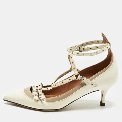 Pre-owned Valentino Garavani Cream/beige Leather Kitten Heels Ankle Strap Pointed Toe Pumps Size 35