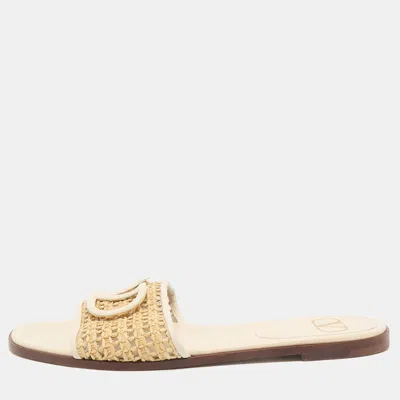 Pre-owned Valentino Garavani Cream/beige Raffia And Leather Vlogo Slide Sandals Size 38