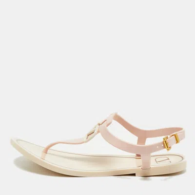 Pre-owned Valentino Garavani Cream/pink Rubber Vlogo Thong Flat Sandals Size 37 In Beige