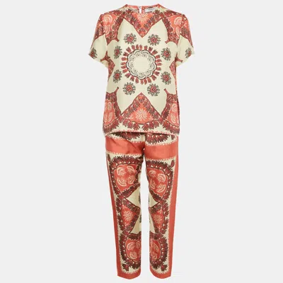 Pre-owned Valentino Cream/pink Shell Printed Silk Top And Pants Set S/m In White