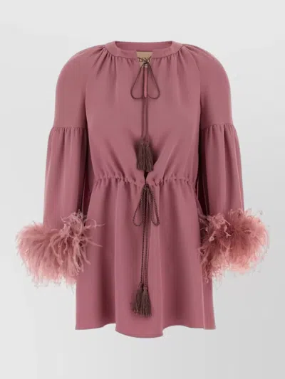 Valentino Crepe Couture Blouse Gathered Waist Feather Cuffs In Pink