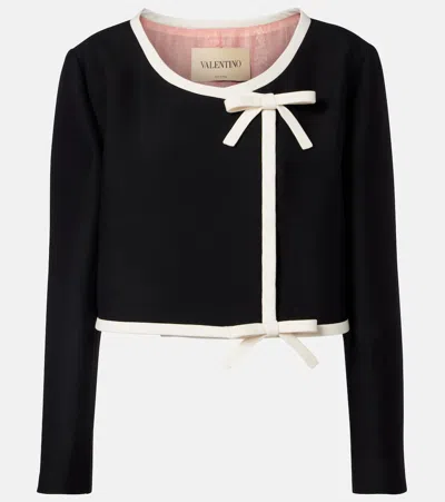 Valentino Cropped Bow-embellished Wool And Silk-blend Crepe Jacket In Black