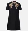 Valentino Embellished Pussy-bow Wool And Silk-blend Crepe Mini Dress In Black