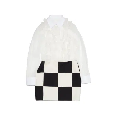 Valentino Crepe Couture Checked Long-sleeved Dress In White/black