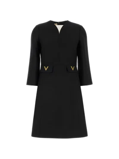 Valentino Crepe Couture Dress Gold Accents V Neckline In Black