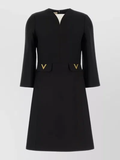 Valentino Crepe Couture Dress Gold Accents V Neckline In Black