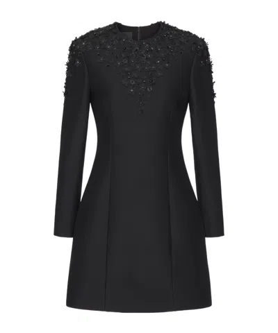 Valentino Crepe Couture Embroidered Short Dress In Nero