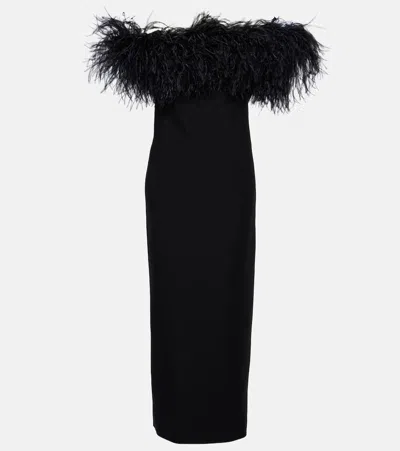 Valentino Feather-trimmed Strapless Midi Dress In Black
