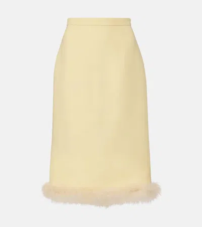 Valentino Feather-trimmed Wool And Silk-blend Crepe Skirt In Yellow