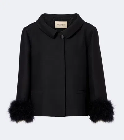 Valentino Crepe Couture Feather-trimmed Jacket In Black