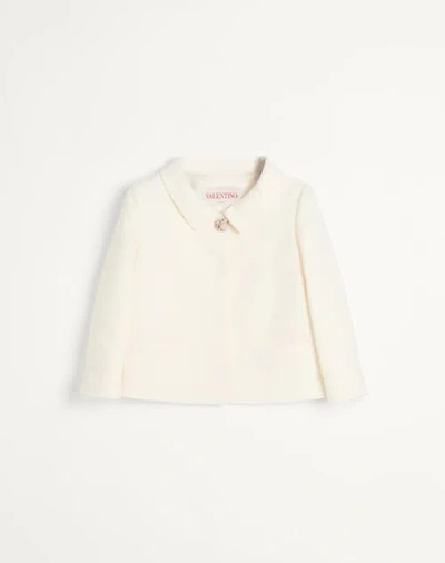 Valentino Crepe Jacket With Collared Neck And Decorative Brooch In Neutral