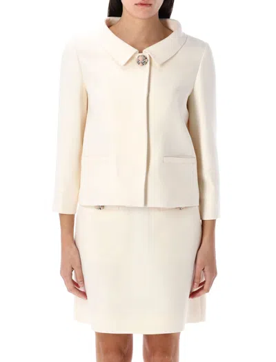 Valentino Crepe Jacket With Collared Neck And Decorative Brooch In Neutral