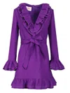Valentino Garavani Purple Short Dress With V-neck And Ruffles In Virgin Wool And Silk Blend Woman In Violet