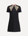 Valentino Embellished Pussy-bow Wool And Silk-blend Crepe Mini Dress In Black