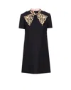 Valentino Embellished Pussy-bow Wool And Silk-blend Crepe Mini Dress In Black