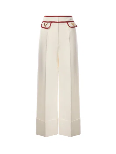 Valentino Ivory Trousers With Gold V In Neutral
