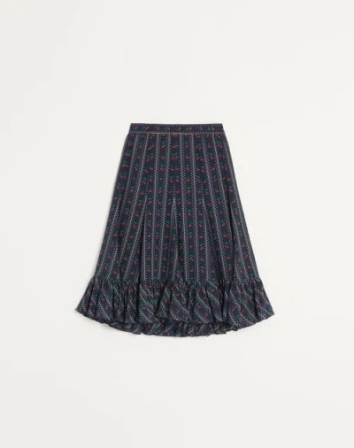 Valentino Crepe De Chine Midi Skirt With Cherryfic Print Woman Navy/cherry Red 36