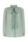 Valentino Crepe Shirt With High Neck And Ruffled Neckline In Dirtysage