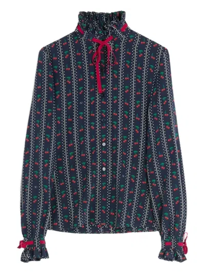 Valentino Crepe De Chine Shirt With Cherryfic Print In Blue