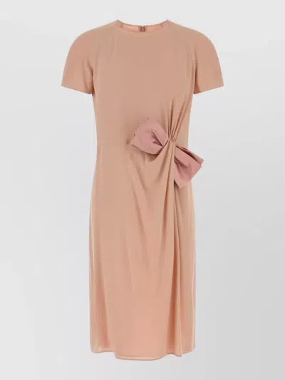 Valentino Crepe Dress Short Sleeves Knee Length Bow In Brown