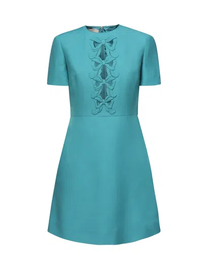 Valentino Wool Blend Dress Embroidered Detail In Blue