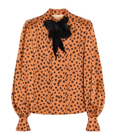 Valentino Crepe Satin Shirt With Plus De Pois Dalmata Print In Orange