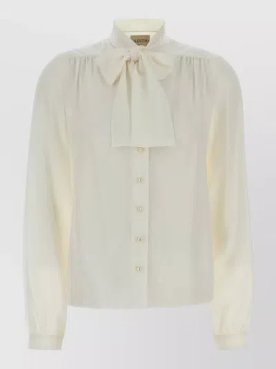 Valentino Crepe Shirt Bow Detail High Neck In Neutral